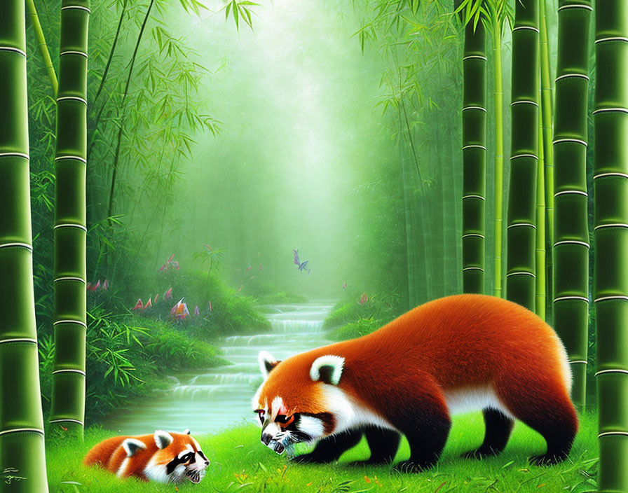 Vibrant red panda and cub in bamboo forest with butterflies