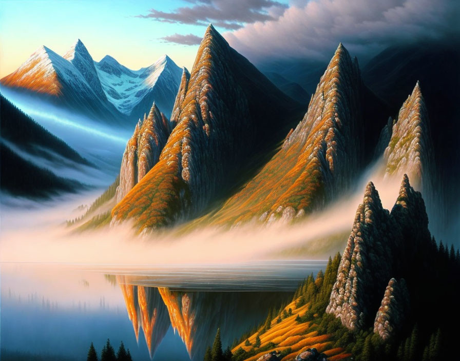 Snowy Peaks Reflected in Still Lake Amid Misty Landscape