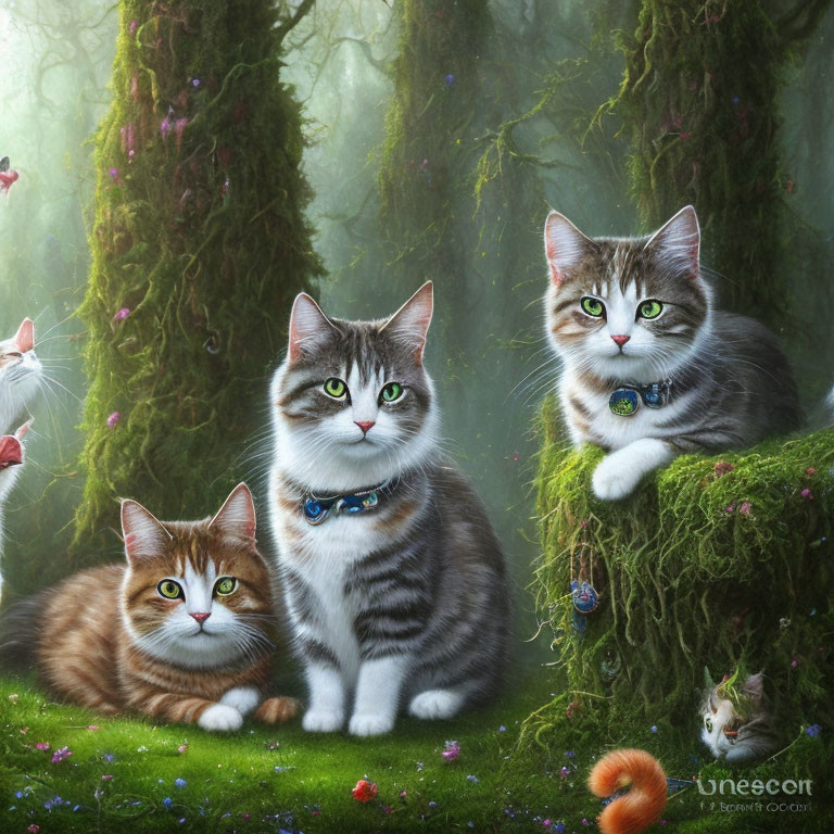 Realistic Cats with Collars in Whimsical Forest Scene