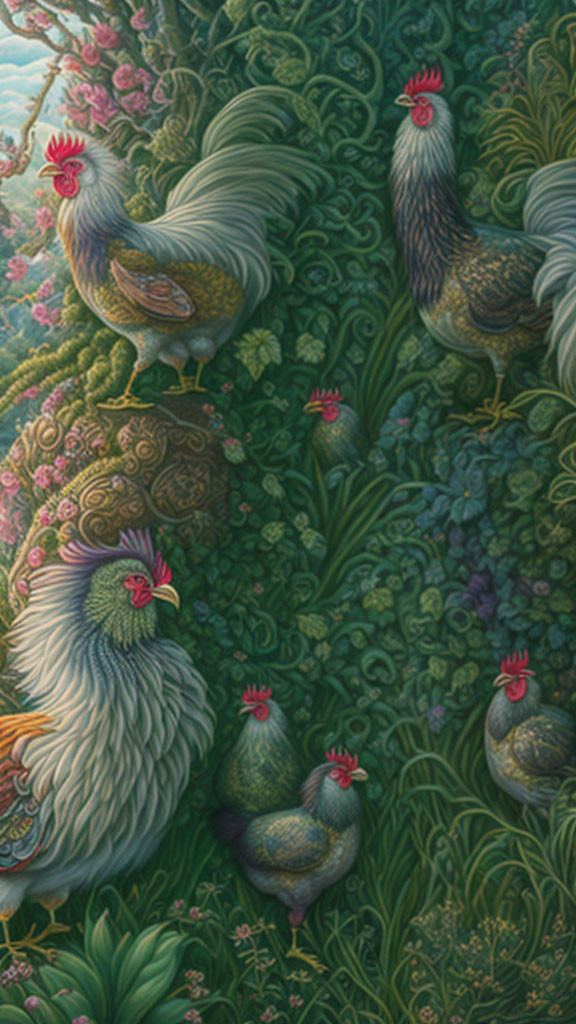 Intricately Illustrated Roosters and Hens Among Lush Flora