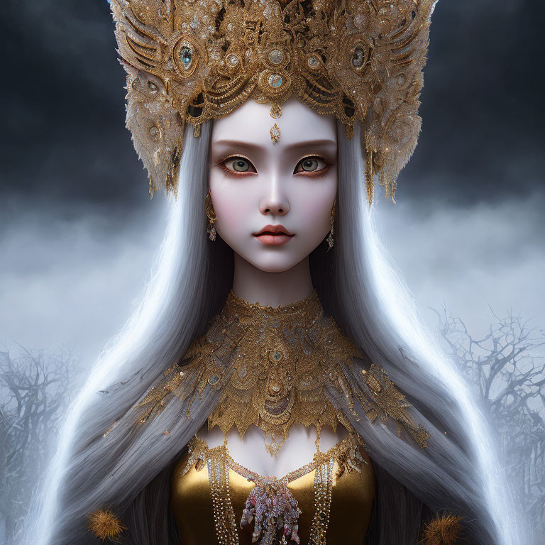 Pale-skinned figure in gold headdress amid misty forest