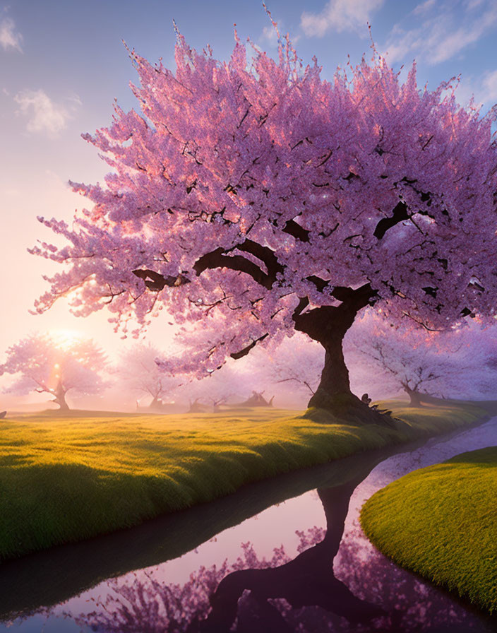 Majestic cherry blossom tree in full bloom beside serene stream at sunrise