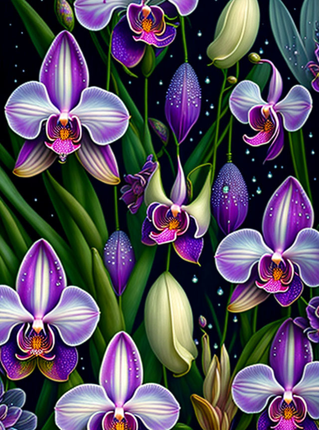 Purple orchids with white and yellow centers on dark background