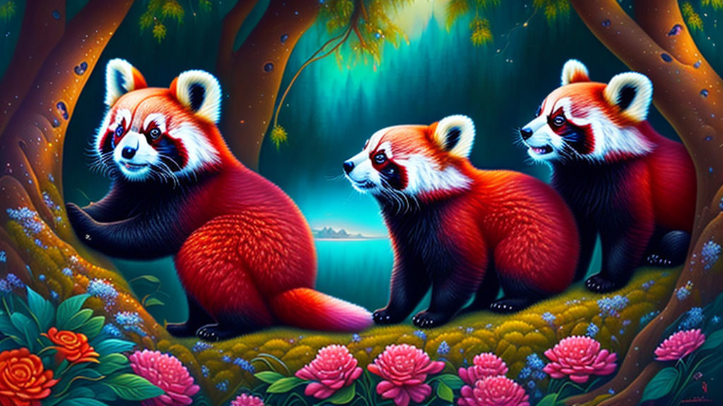 Three red pandas in whimsical forest with gentle glow and lush flowers