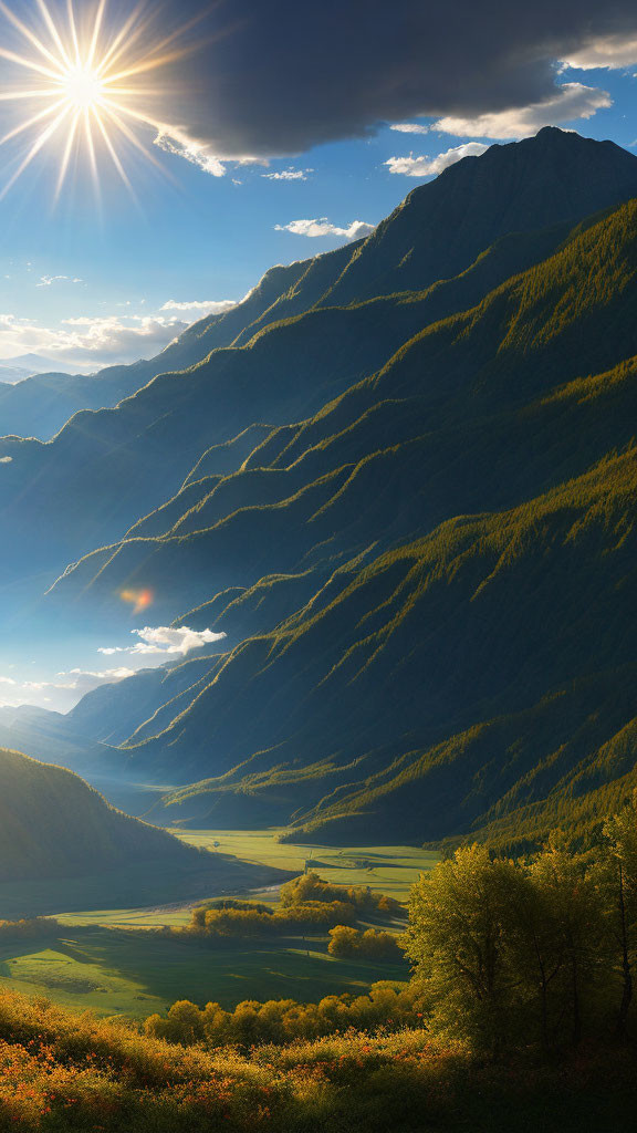 Mountain peaks illuminated by sunlight, terraced slopes, vibrant valley.