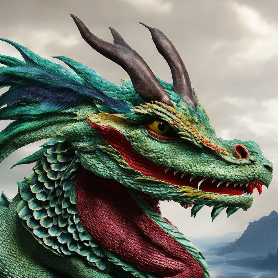 Dragon head with green scales, horns, and yellow eyes against cloudy sky