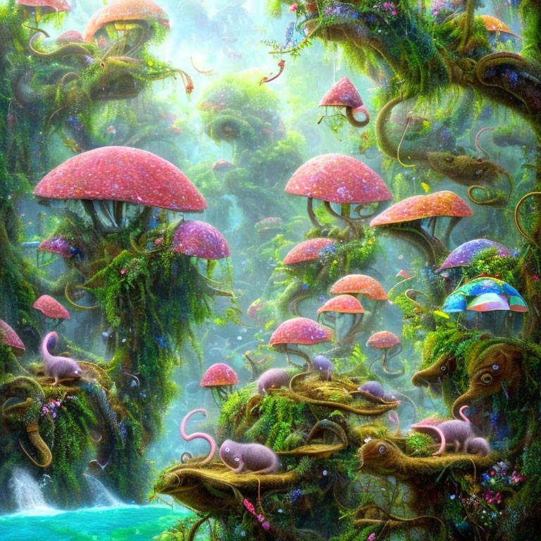 Vivid Fantasy Forest with Oversized Mushrooms, Twisted Trees, and Snake-like Creatures