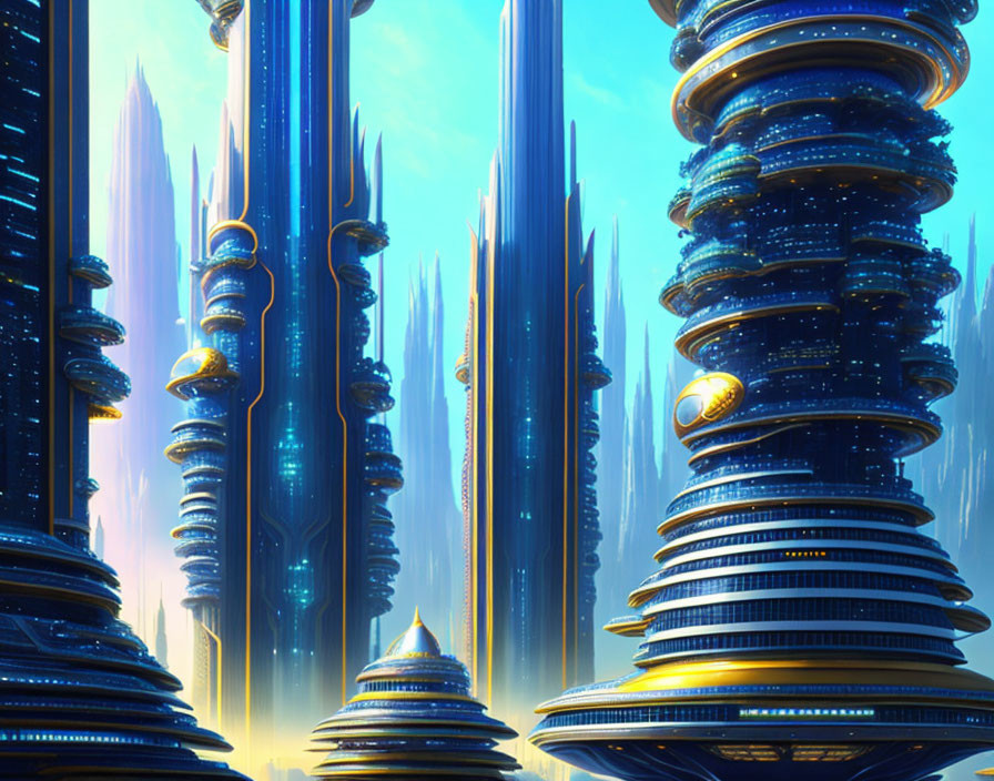 Futuristic cityscape with towering skyscrapers and advanced blue and gold architecture