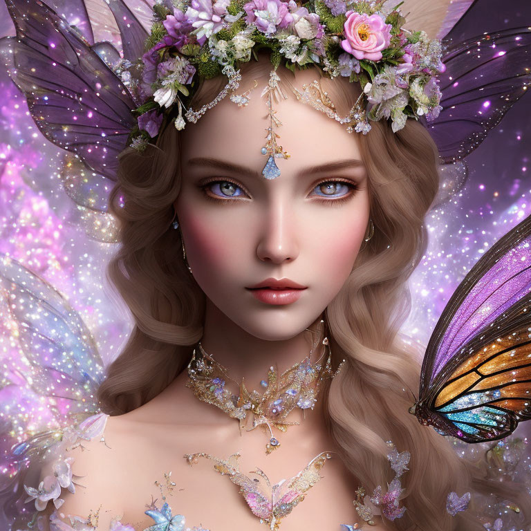 Illustrated fairy with violet eyes, floral crown, butterfly wings, and gem-encrusted jewelry