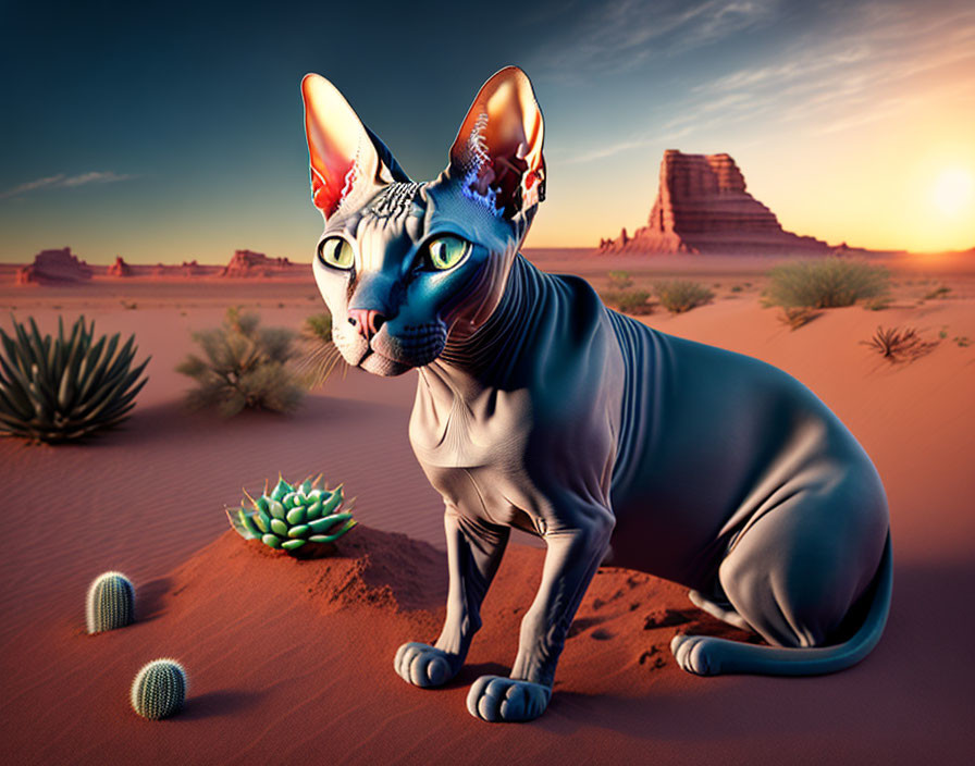 Stylized hyperrealistic Sphinx cat in desert with buttes and cacti