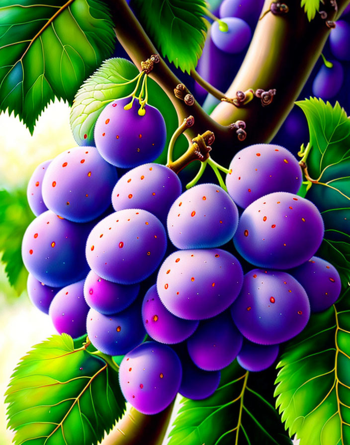 Detailed Illustration of Purple Grapes on Vine with Green Leaves