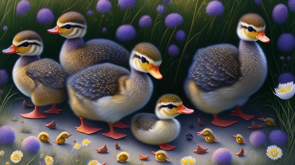 Cute ducklings in purple flower field at night