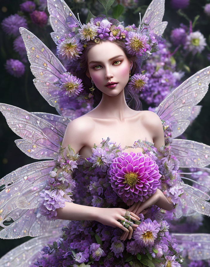 Fantasy portrait: fairy with translucent wings and purple flowers.