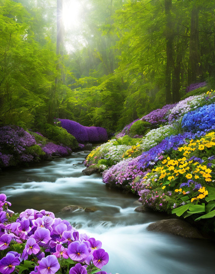 Tranquil stream in lush forest with vibrant flowers and sunlight