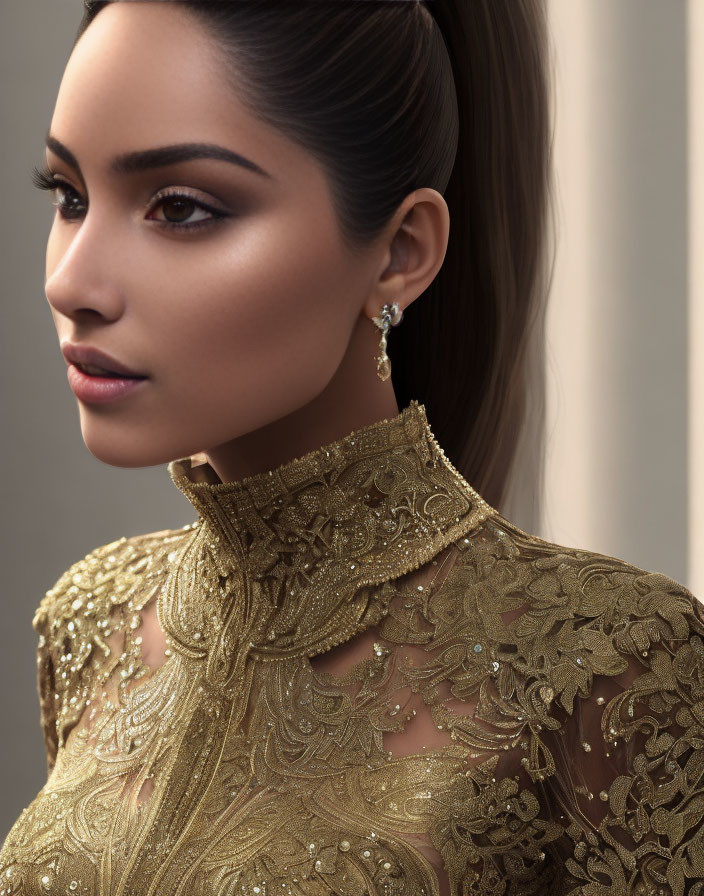 Elegant woman in golden embroidered attire with sleek ponytail