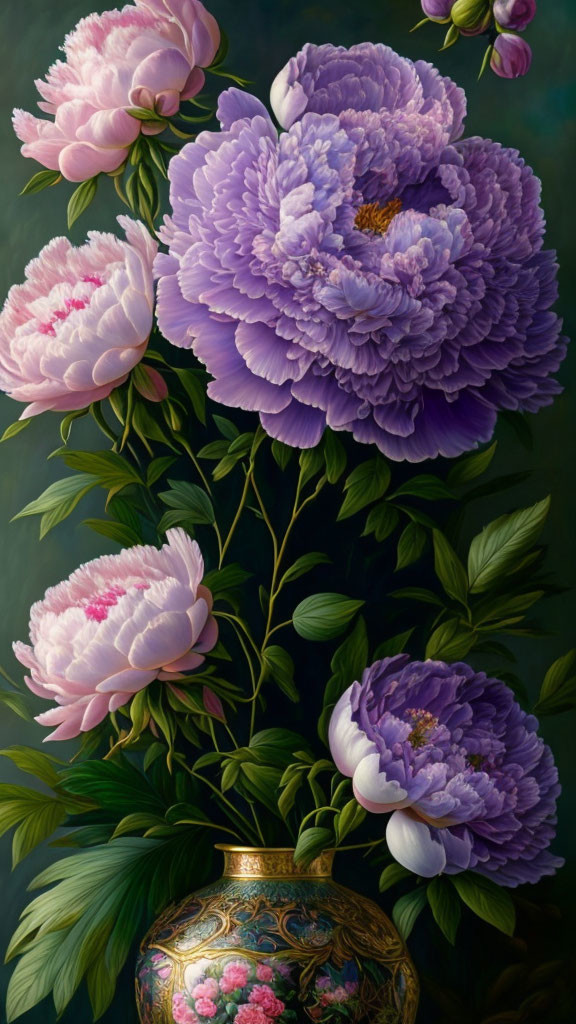 Detailed painting of large purple and pink peonies in ornate vase against dark backdrop