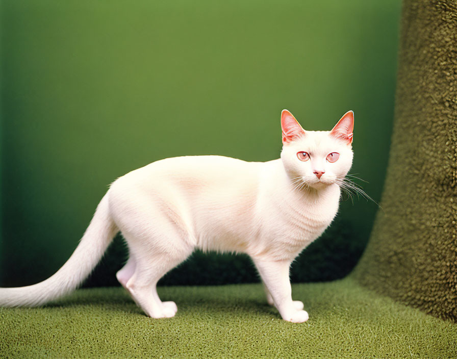 White Cat with Red Eyes Standing on Green Carpeted Surface