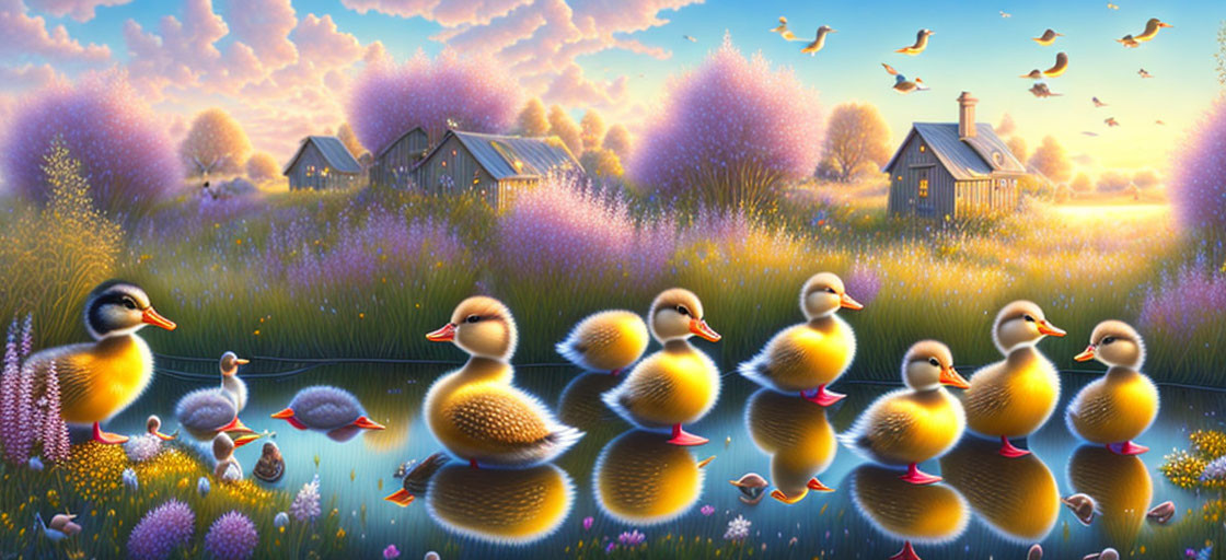 Landscape painting of ducks in pond with countryside scenery