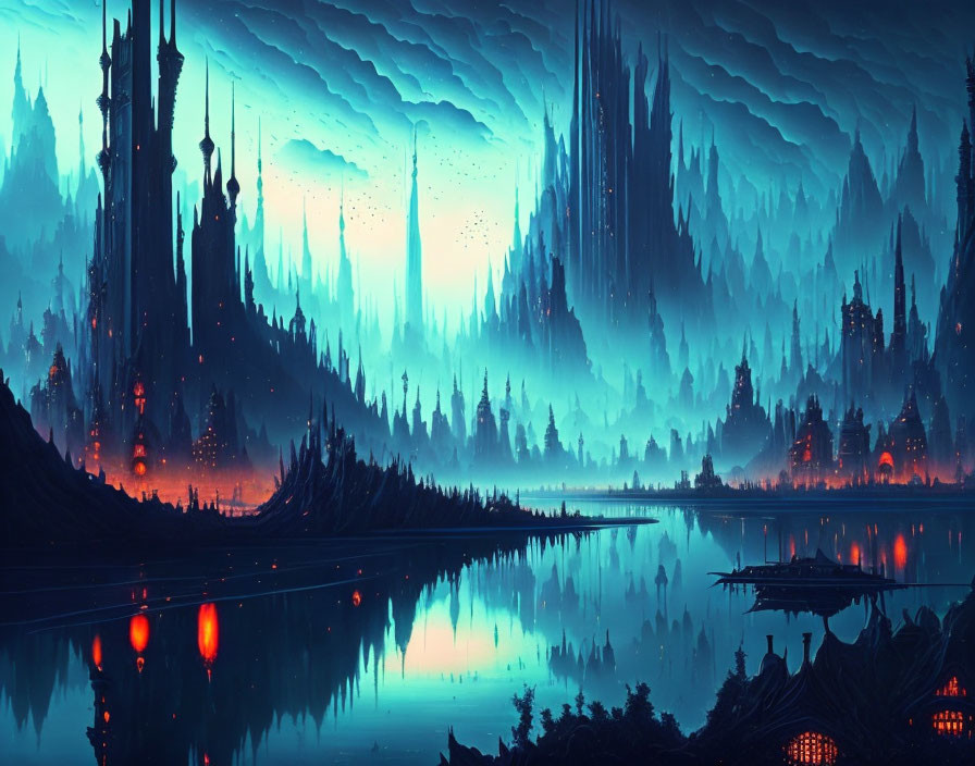 Fantastical Nocturnal Cityscape with Spire-like Structures