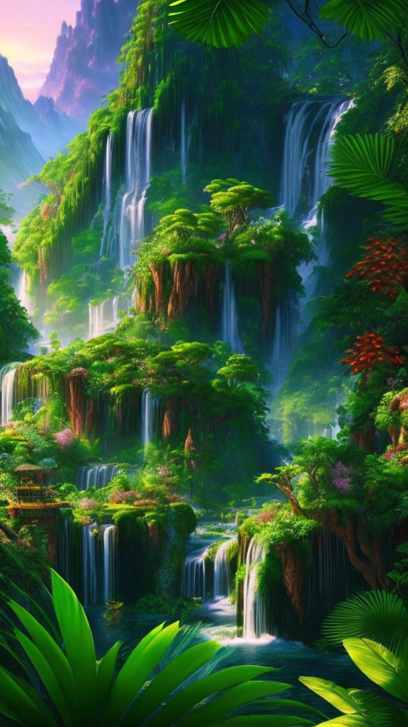 Lush vibrant jungle with cascading waterfalls and tranquil pools