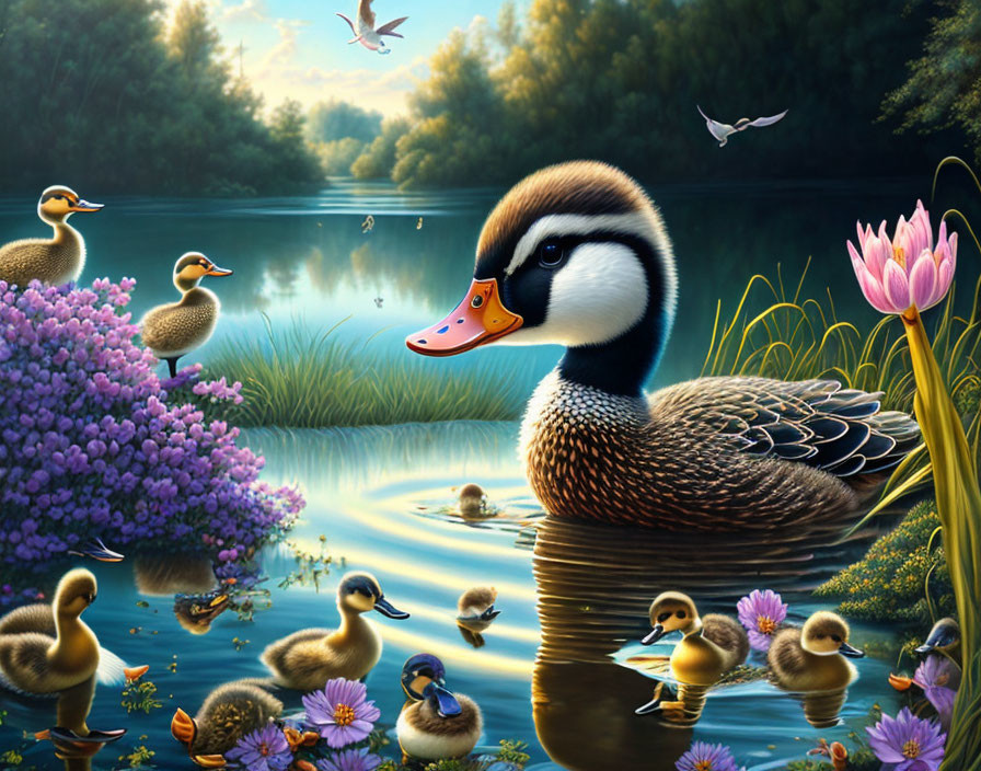 Tranquil lake scene with large duck and ducklings surrounded by lush flora