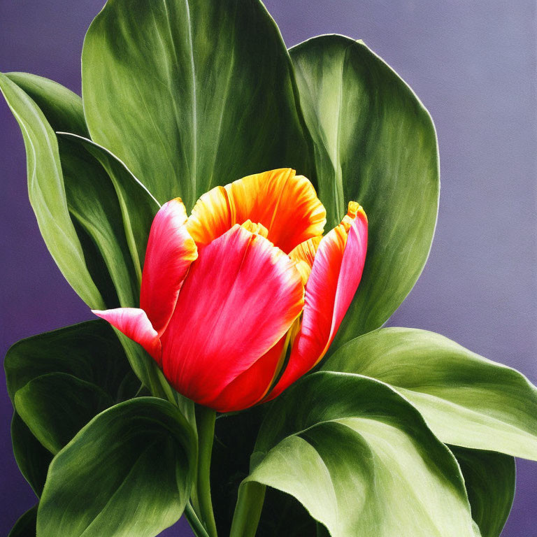 Colorful Tulip with Green Leaves on Purple Background