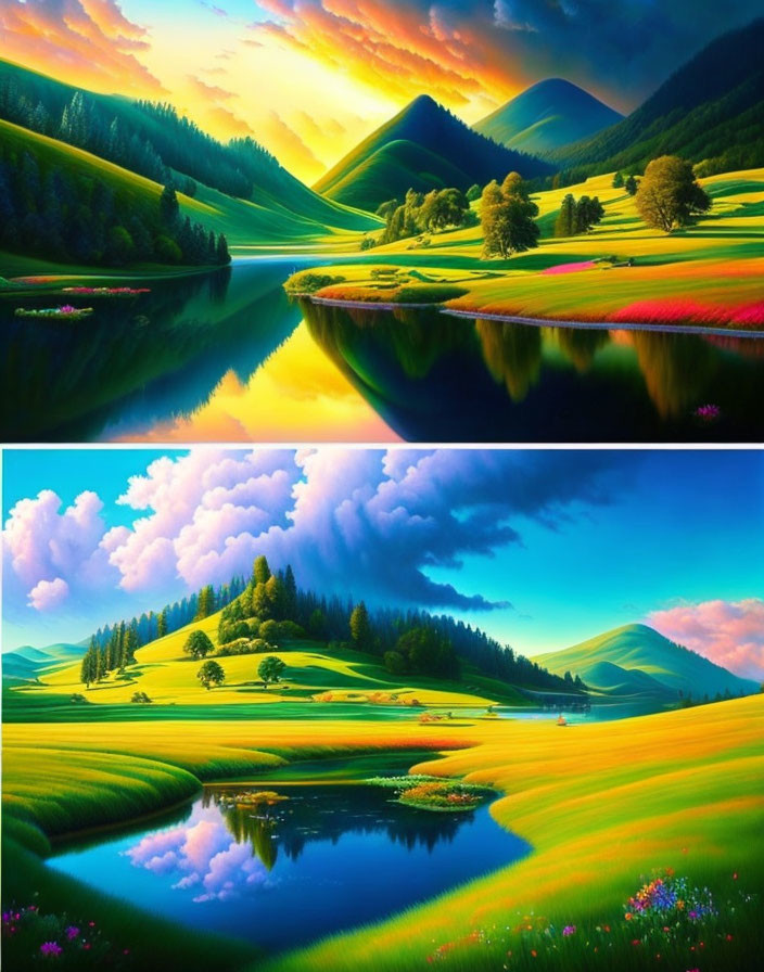 Vivid Landscape Diptych: Rolling Hills, Serene Lake, Lush Greenery