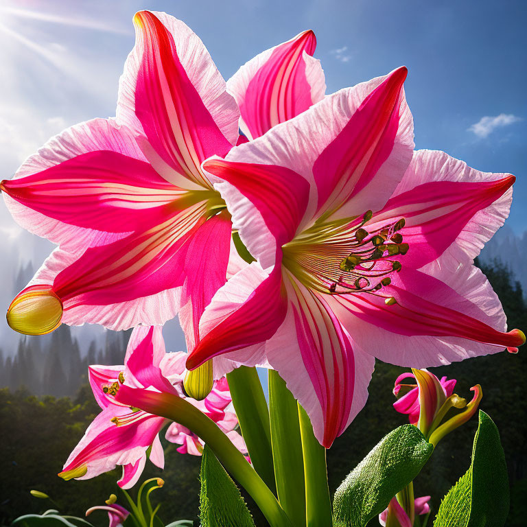 Close-up of vibrant pink and white lilies under bright blue sky with sunrays filtering through petals