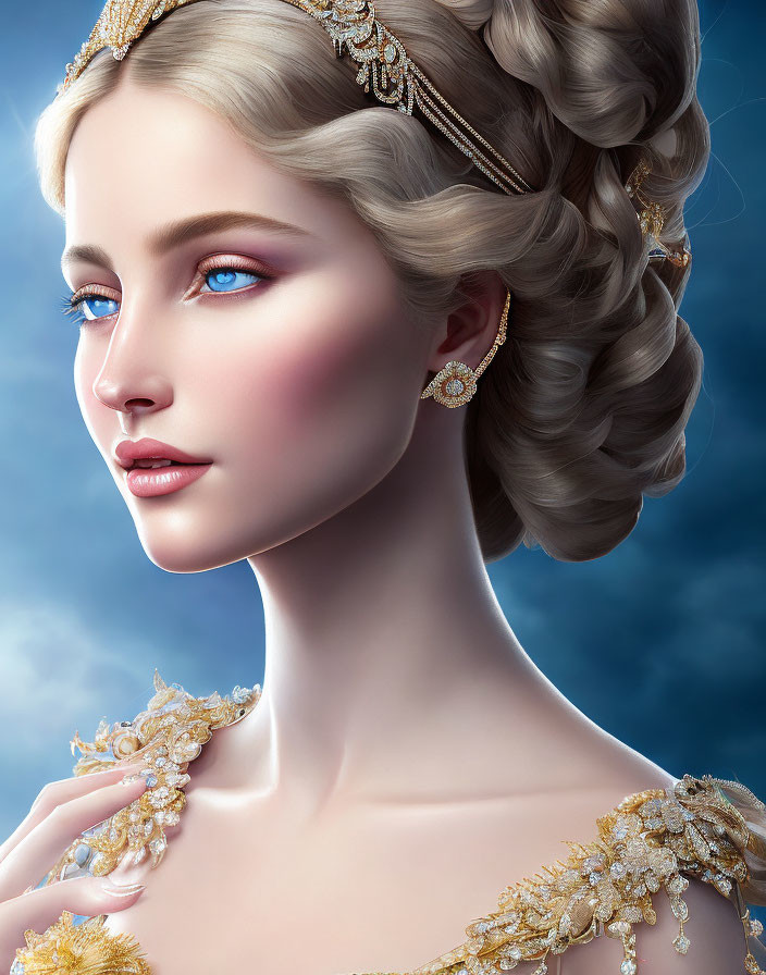 Detailed digital portrait: woman with blue eyes, golden headpiece, earrings, intricate hairstyles, and embroidery