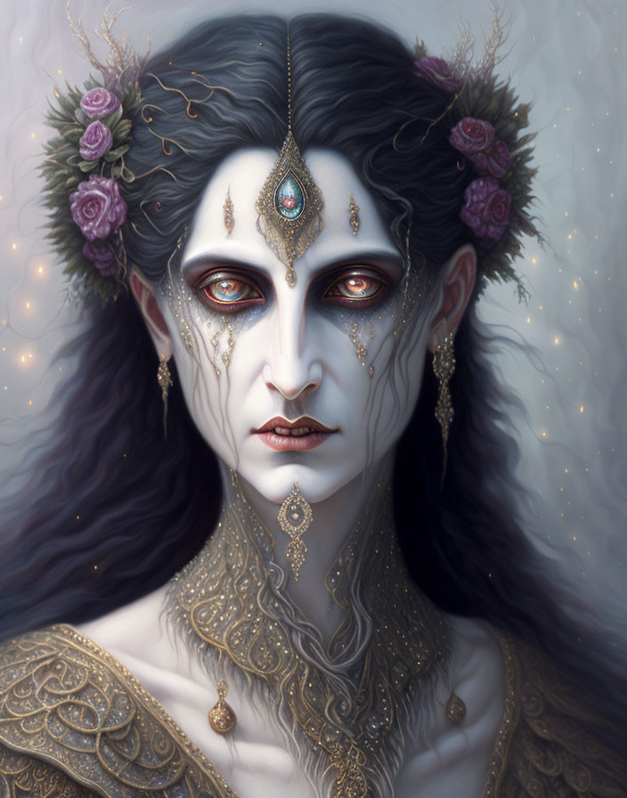 Illustrated female figure with dark hair and decorative jewelry in a mystical, gothic setting