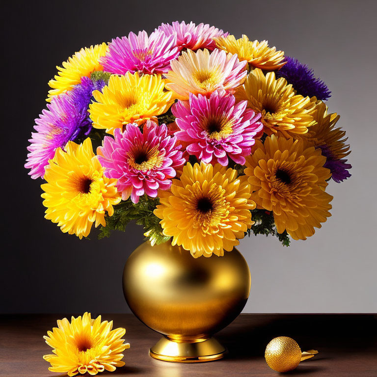 Colorful Pink and Yellow Gerbera Daisies in Golden Vase on Table with Flower and