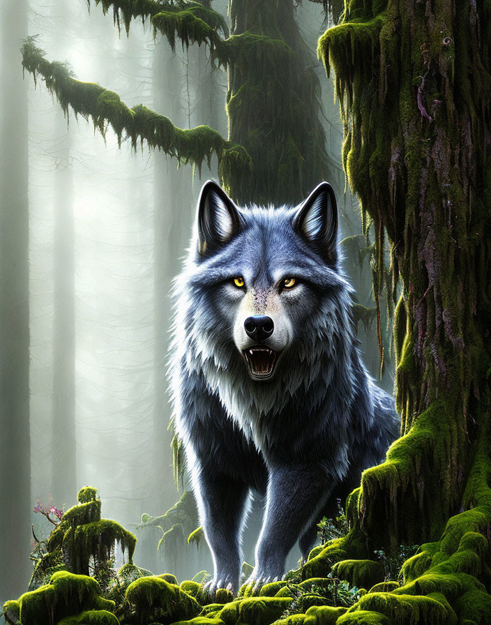 Realistic digital art: Large wolf in misty, mossy forest