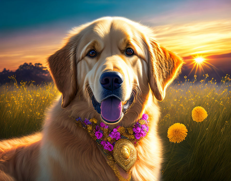 Golden retriever with floral collar in sunny dandelion field at sunset