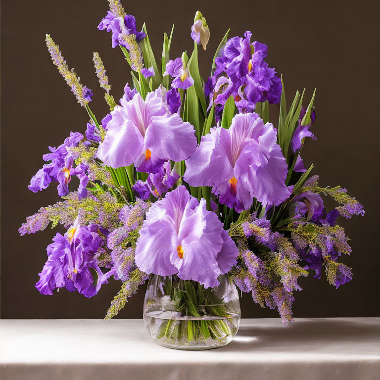 Purple Irises and Lilac Flowers in Clear Glass Vase on Brown Background