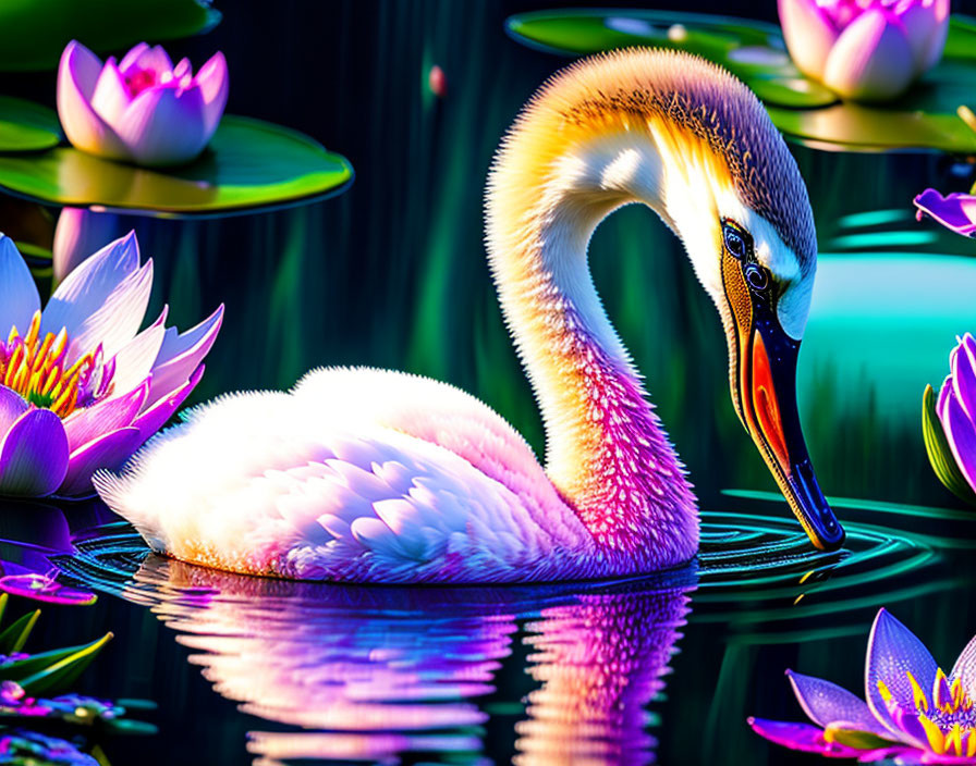 Graceful swan on tranquil pond with blooming lotus flowers at dusk