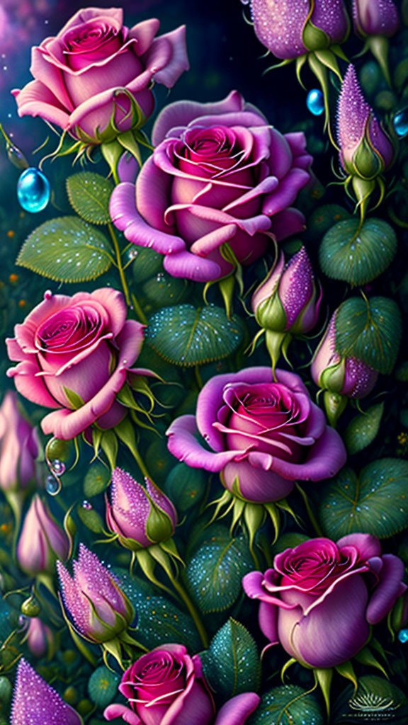 Vibrant Purple Roses with Dewdrops in Mystical Blue Light