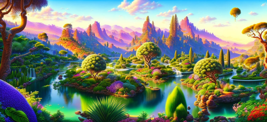 Colorful Flora, Spherical Trees, Lakes, Mountains in Fantasy Landscape