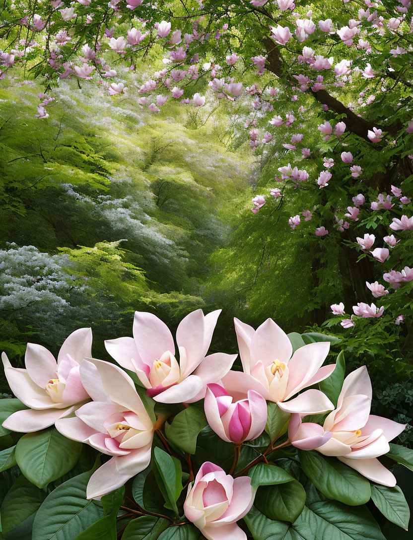 Lush forest with pink magnolia flowers under blossoming canopy