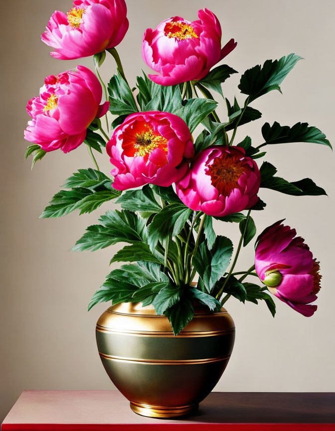 Pink peonies in gold-trimmed vase on wooden surface