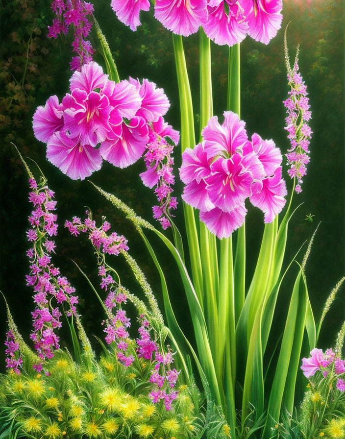 Vibrant Pink Flowers and Green Foliage on Dark Background