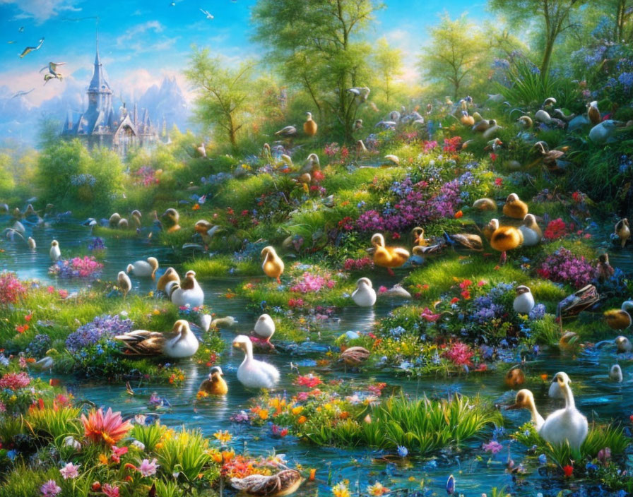 Colorful Ducks and Ducklings Among Flowers by River with Castle