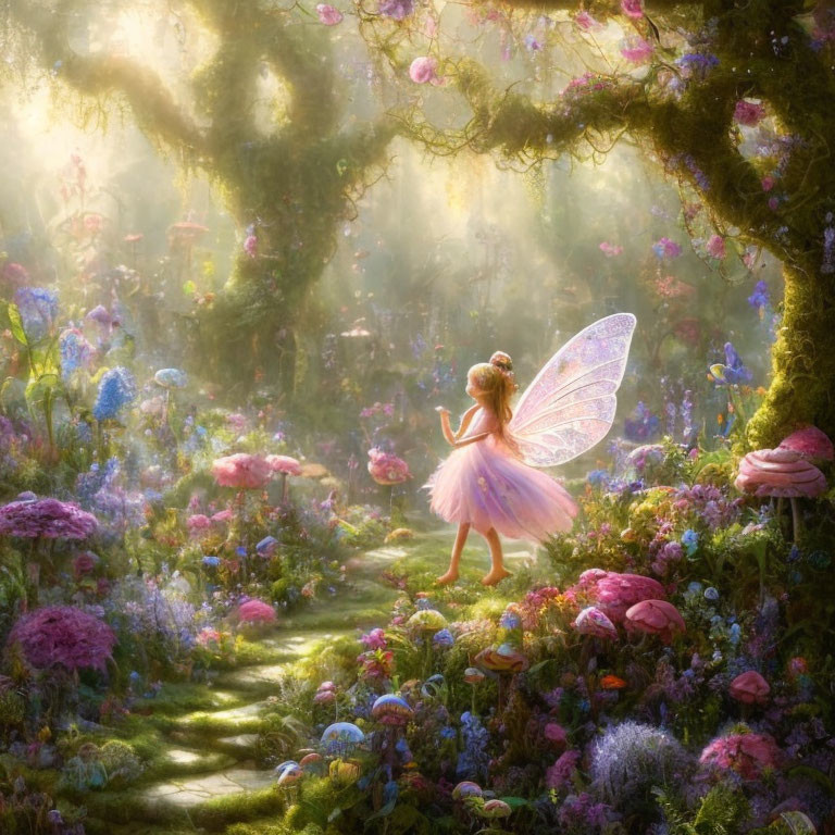 Translucent-winged fairy in magical forest with flowers and mushrooms