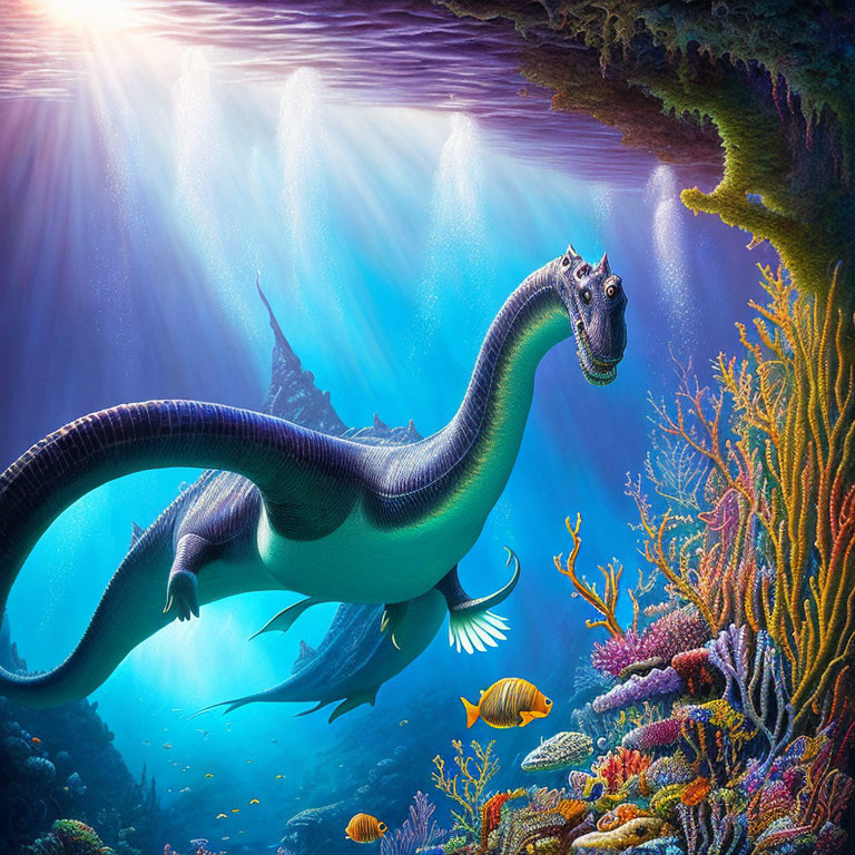 Colorful underwater scene with large sea creature, coral, fish, and sunlight rays