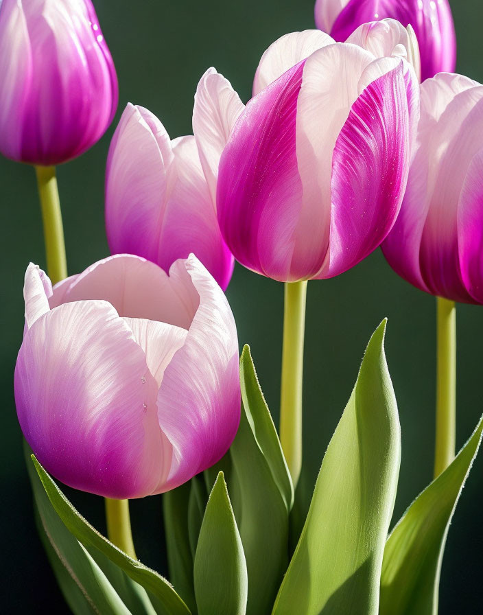 Vibrant pink tulips with delicate petals on dark background