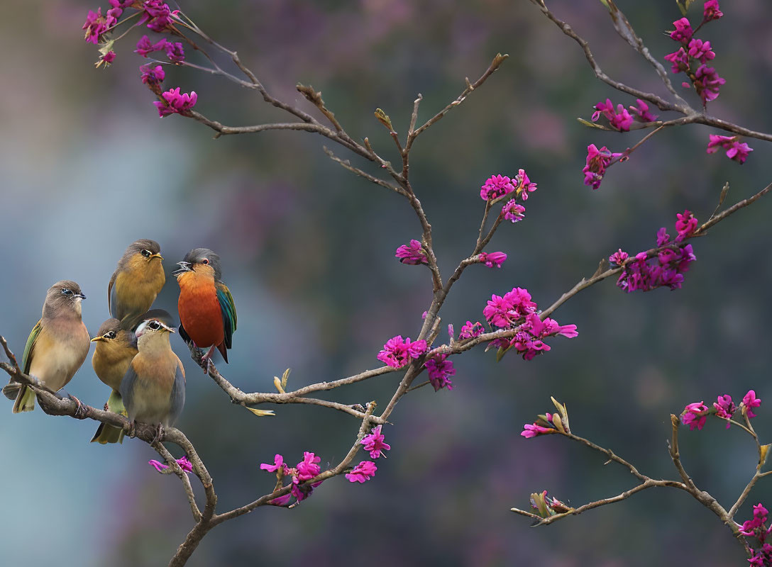 Four birds on branch with pink blossoms against blurred background