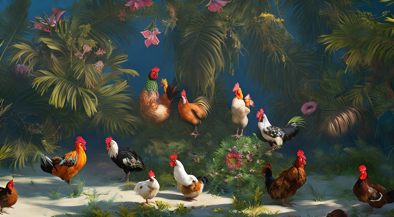 Colorful Roosters and Hens in Tropical Foliage and Flowers on Blue Sky Background