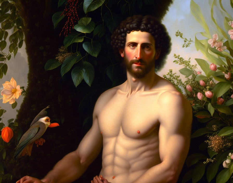 Classical-style painting of bare-chested man with curly hair by tree, colorful bird & flowers.