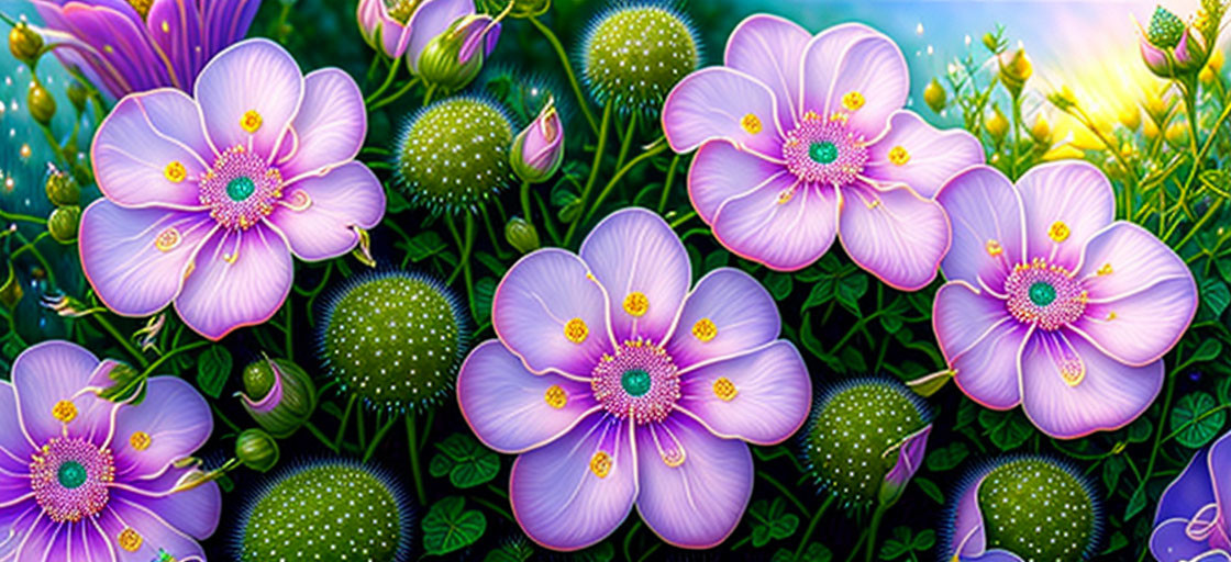 Detailed digital artwork: Purple flowers against lush green foliage