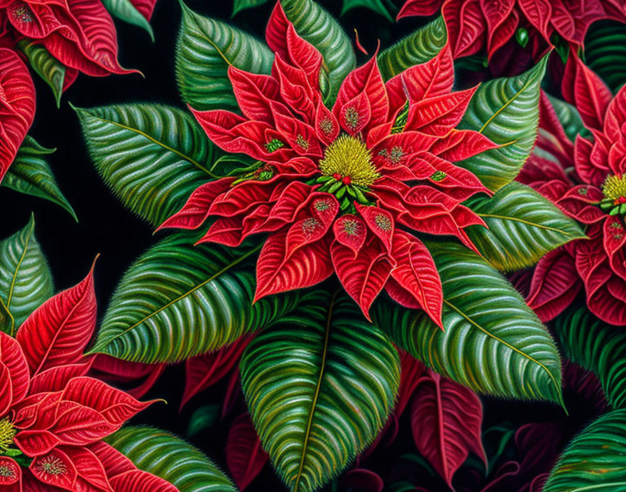 Bright red poinsettia flowers with green leaves and intricate veins, representing holiday flora.