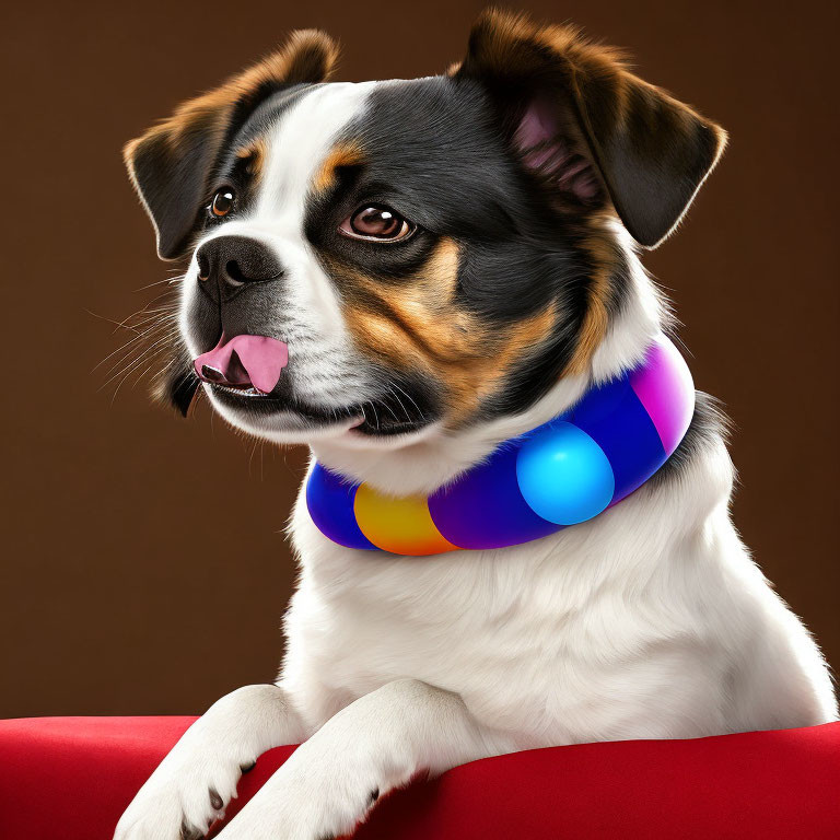 Tricolor Dog with Shiny Coat and Bead Necklace on Brown Background